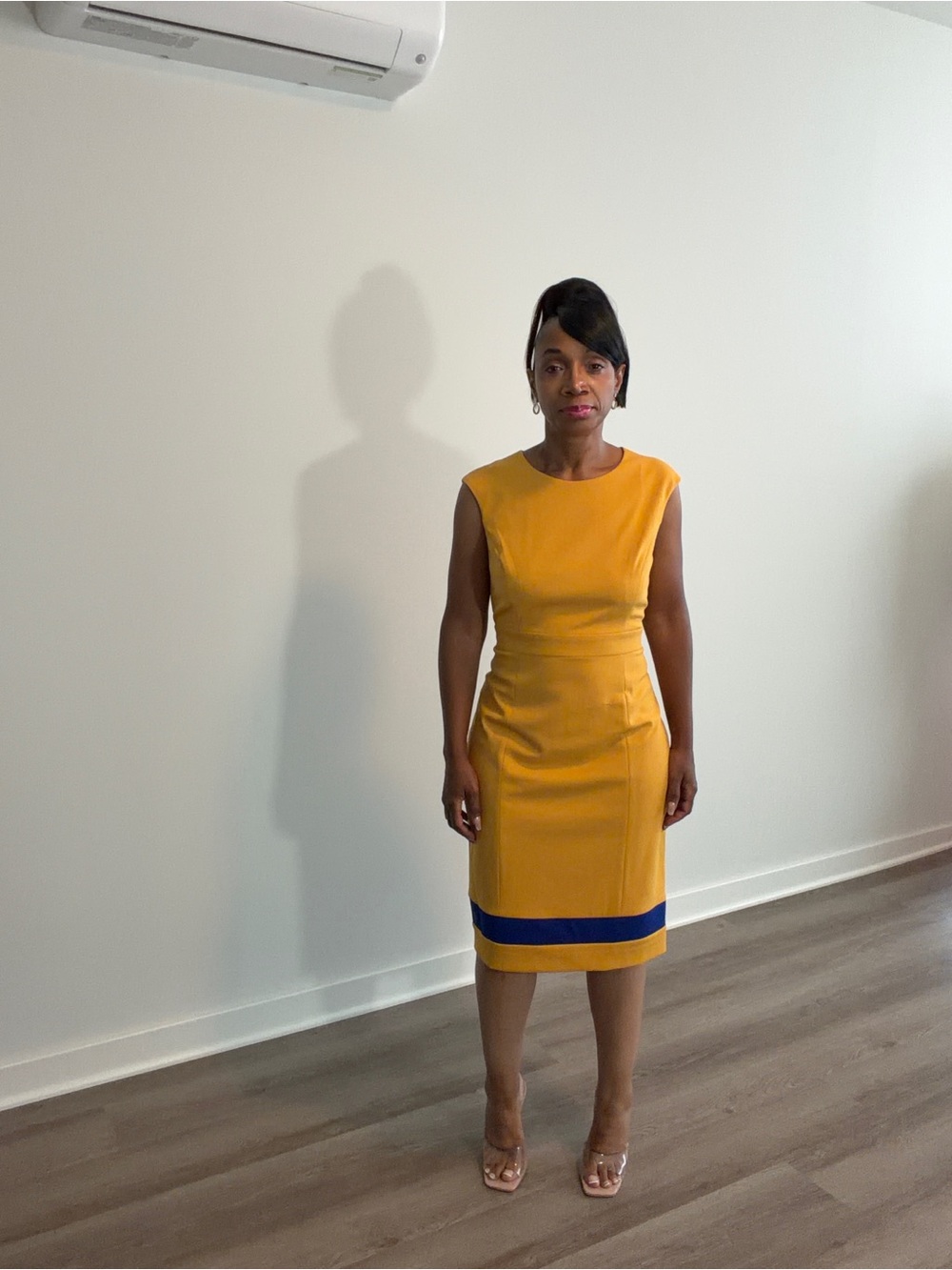 Kasper Mustard Midi Sheath Dress with Navy Band - Picture 6 of 7